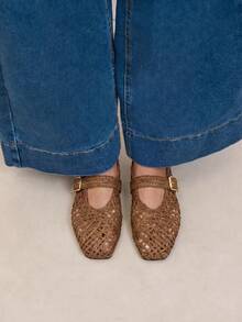 Nöista Elegant Mary Jane Flats, Metallic Gold Finish, Featuring Intricate Woven Design, Adjustable Straps And Refined Square Toe - Brown - View 5