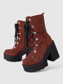 ROMWE Fairycore Women's Thick-Soled Thick-Heeled Medium-Heeled Boots, Punk-Style Gothic Street-Style Embroidered Thread-Patterned Strap-On Side Zipper Thick-Soled Boo - brown ink - View 4