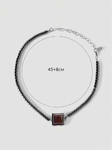 MortiRose Silver Stainless Steel Crystal Bead String Splicing Ruby Embellished Gothic Necklace - Dull Silver - View 9