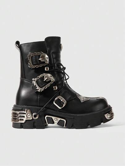 ROMWE Grunge Punk Gothpunk Mid-Tube Locomotive Boots Black Lace-Up Platform Short Boots Metal Buckle Rivet Platform Halloween Music Festival Daily