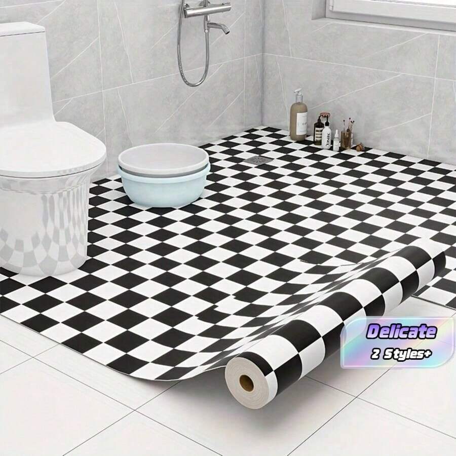 1pc Thick Brown Bathroom Floor Sticker, Self-Adhesive Anti-Slip Tile, Kitchen Floor Sticker, Self-Adhesive Waterproof Home Decor Floor Tile, Easy Installation - Black and White - View 1