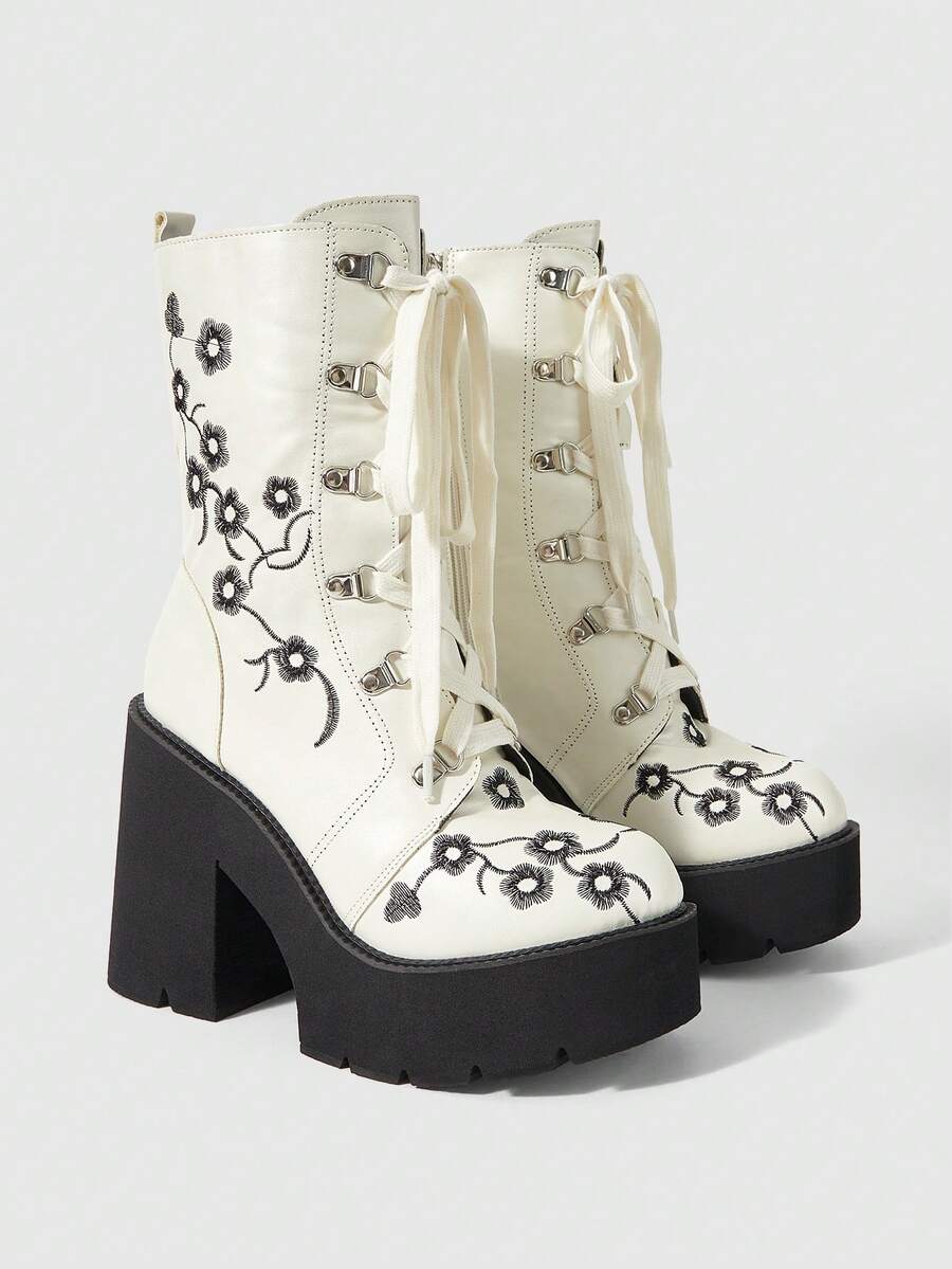 ROMWE Fairycore Women's Thick-Soled Thick-Heeled Medium-Heeled Boots, Punk-Style Gothic Street-Style Embroidered Thread-Patterned Strap-On Side Zipper Thick-Soled Boo Fall Boots - beige cream - View 1