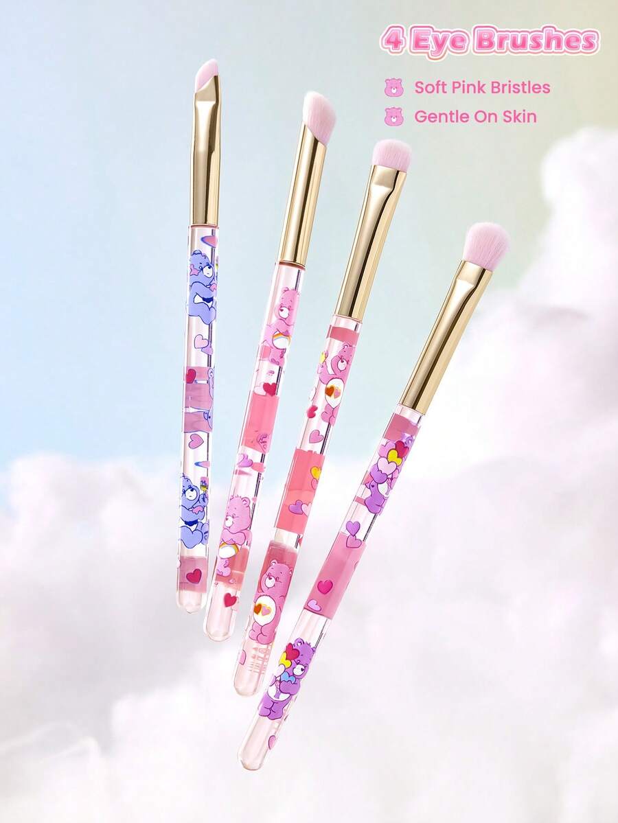 SHEIN X Care Bears Conjunto de Pincéis de Sombra com Estampa de Urso Cartoon, 4 Peças Pincéis de Maquiagem Fofos para Esfumar Sombra, Sombreamento & Aplicação Diária de Maquiagem nos Olhos - Através do pó - Visão 1