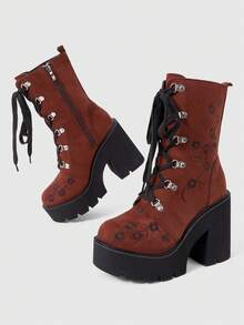 ROMWE Fairycore Women's Thick-Soled Thick-Heeled Medium-Heeled Boots, Punk-Style Gothic Street-Style Embroidered Thread-Patterned Strap-On Side Zipper Thick-Soled Boo - brown ink - View 5