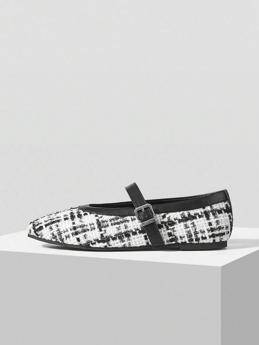 MOTF PREMIUM WOMEN'S COMMUTING CASUAL COMFORTABLE VERSATILE MARY JANE SQUARE TOE FLAT SHOES FOR CHRISTMAS SPRING SHOES - Black and White - View 2