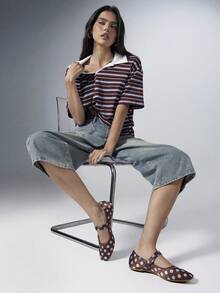 SHEIN Solezae 女款波點緞面方頭扣帶瑪麗珍平底鞋 休閒日常穿脫方便鞋 - 巧克力藍 - 查看 5