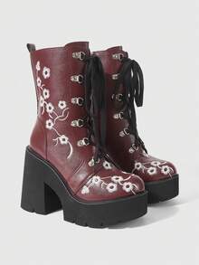 ROMWE Fairycore Women's Thick-Soled Thick-Heeled Medium-Heeled Boots, Punk-Style Gothic Street-Style Embroidered Thread-Patterned Strap-On Side Zipper Thick-Soled Boo - Burgundy - View 2