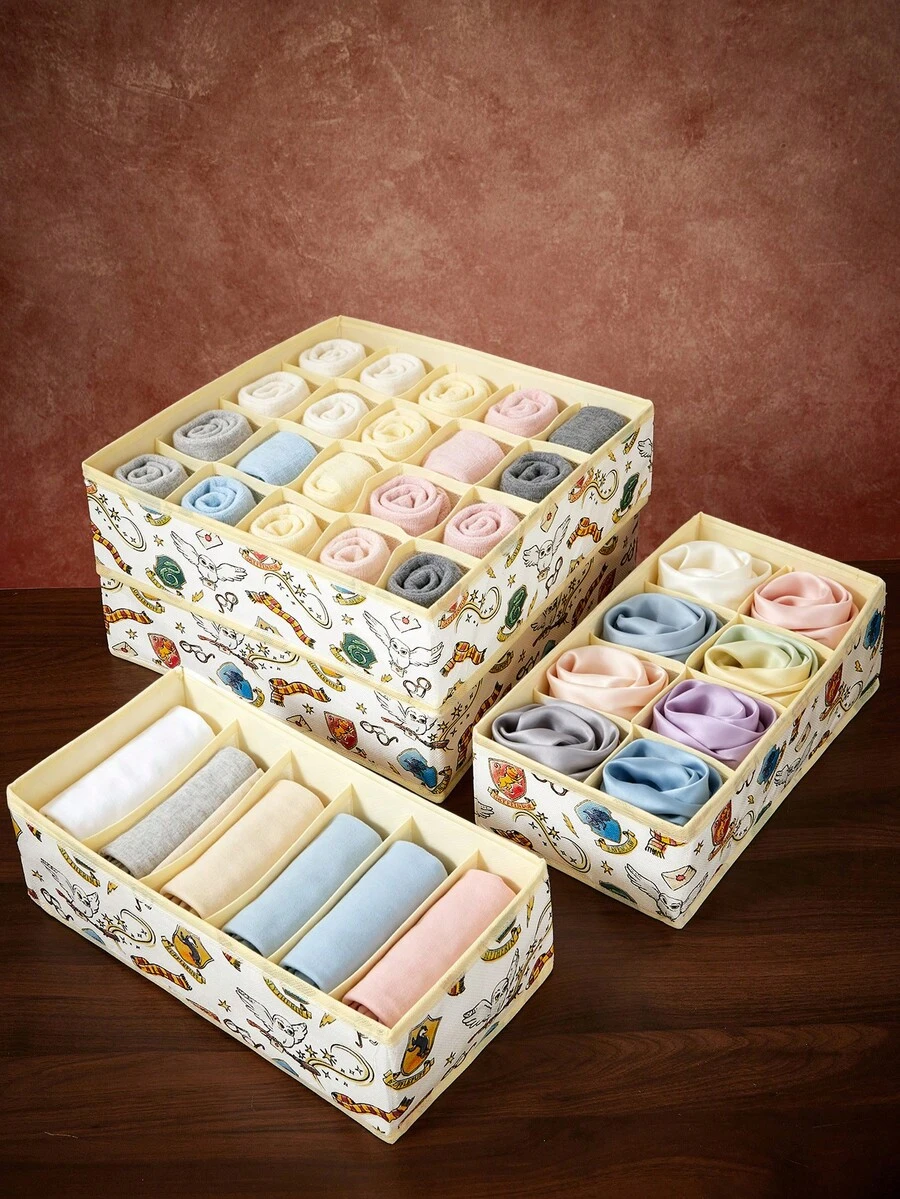 HARRY POTTER X SHEIN Set Laci Penyimpanan Kain Bermotif , Kotak Penyimpanan Pakaian Dalam dan Kaus Kaki Lipat Berbagai Ukuran dengan Panel Pembatas, Cocok untuk Lemari Pakaian dan Meja Rias - Putih - View 1