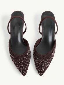 CUCCOO CHICEST 女款時尚優雅刺繡編織手工縫製珠飾水鑽裝飾彈性後背帶V領尖頭細高跟中高跟鞋 浪漫性感透氣舒適 適合約會聖誕節 - 巧克力棕 - 查看 2