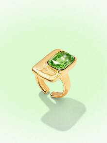 Popjeli Rectangle Open Ring, Glossy Gold Thick Wide-Sided Retro Dinner Ring - Gold - Green Diamond - View 2