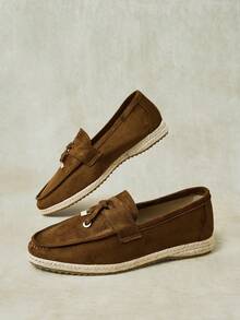 Styleloop Metal Buckle Tassel Straw Woven Bottom Square Round Toe Flat Bottom Loafers, Retro Dark Coffee Imitation Suede Slouchy Slip-On Casual Fisherman - Coffee Brown - View 3