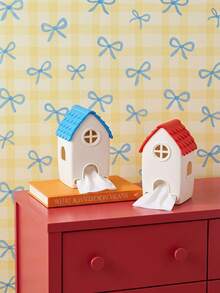 Joivida Cute Cartoon House-Shaped Tissue Holder With Textured Tiled Roof, Available In Blue And Red Roof Options, It Allows Easy Access To Paper Tissues. It Works As Practical Daily Storage As Well As Charming Decorative Ornament To Spruce Up Living Room - Multicolor - View 2