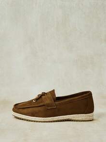 Styleloop Metal Buckle Tassel Straw Woven Bottom Square Round Toe Flat Bottom Loafers, Retro Dark Coffee Imitation Suede Slouchy Slip-On Casual Fisherman - Coffee Brown - View 2