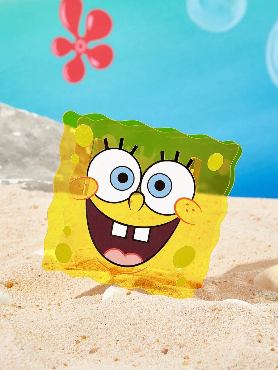 SpongeBob SquarePants | SHEIN Yellow Sponge Shaped Acrylic Storage Holder, Clear Textured Material. Organize Makeup Brushes, Cosmetics And Stationery For Vanity Desks & Student Workspaces - Yellow - View 1