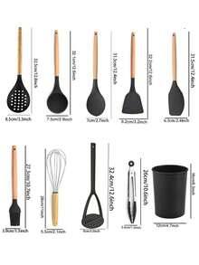 Haus Hana Silicone Kitchenware 24-Piece Wooden Handle Kitchen Silicone Set Shovel Spoon With Storage Barrel Non-Stick Non-Slip Kitchen Cooking Tools Combination Home. - Black - View 18