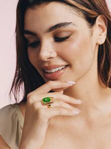 Popjeli Rectangle Open Ring, Glossy Gold Thick Wide-Sided Retro Dinner Ring - Gold - Green Diamond - View 5