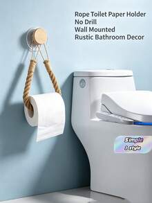 1PC Wooden Hook, Invisible Adhesive, No Drilling Required; Plastic Woven, Jute Rope Towel Rack, Tissue Holder For Bathroom And Toilet - Brown - View 1