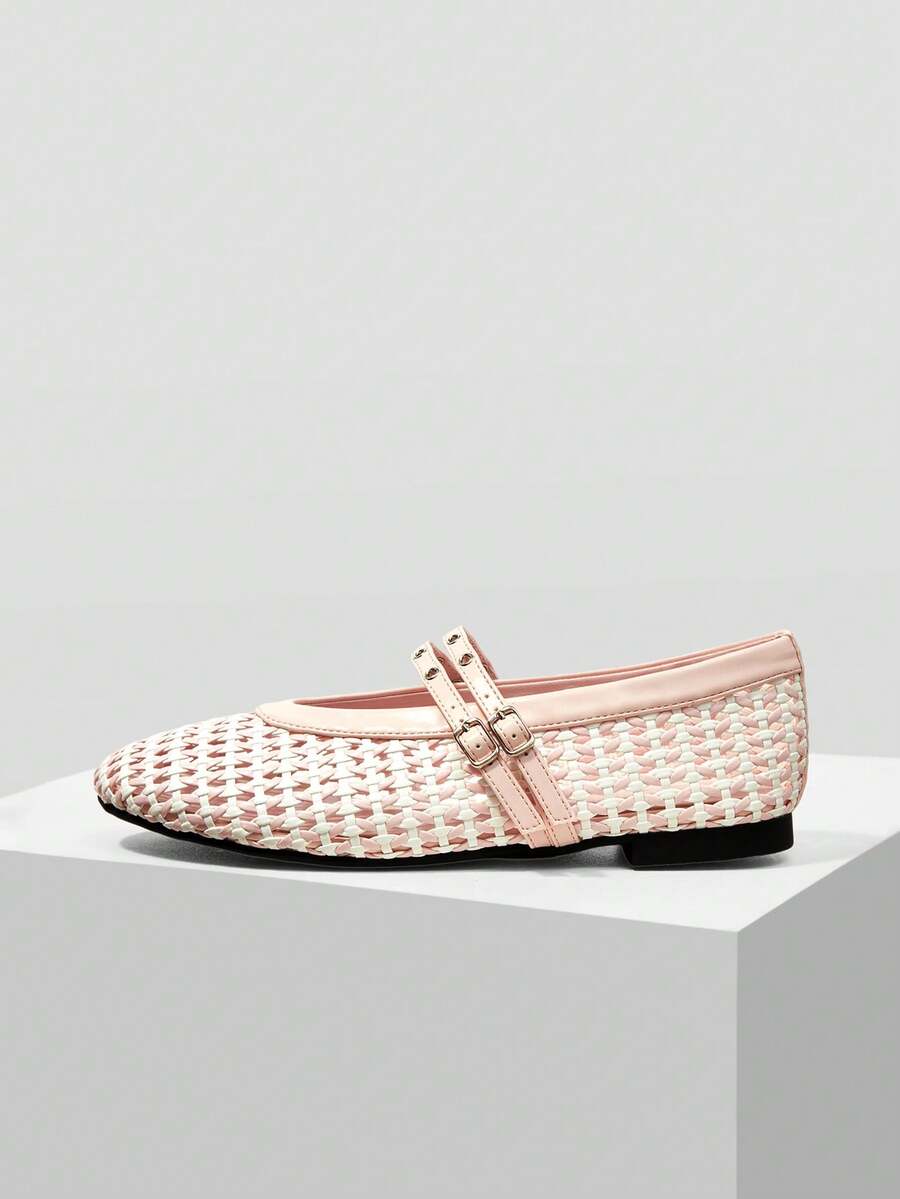 MOTF LADIES FLAT BOTTOM HOLLOW WOVEN HORIZONTAL STRAP BUCKLE MARY JANE SHOES SIMPLE ELEGANCE VACATION DAILY COMMUTER COLLEGE - Pink White - View 2