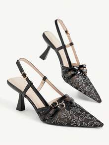 CUCCOO CHICEST Women's Floral Lace Slingback Heels, Pointed Toe Double Buckle Strap Stiletto Sandals, Elegant Mesh Backless High Heels For Wedding Date Party - Black - View 10