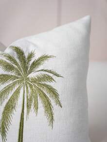 Cirelle 1pc/2pcs Double Palm Tree Embroidered Throw Pillow Covers, Linen‑Textured Square Cushion Cases, Neutral Tropical Coastal Boho Farmhouse Decor For Sofa Bedroom Bay Window Homestay Apartment, Pillow Insert Not Included - Two coconut trees green - View 6