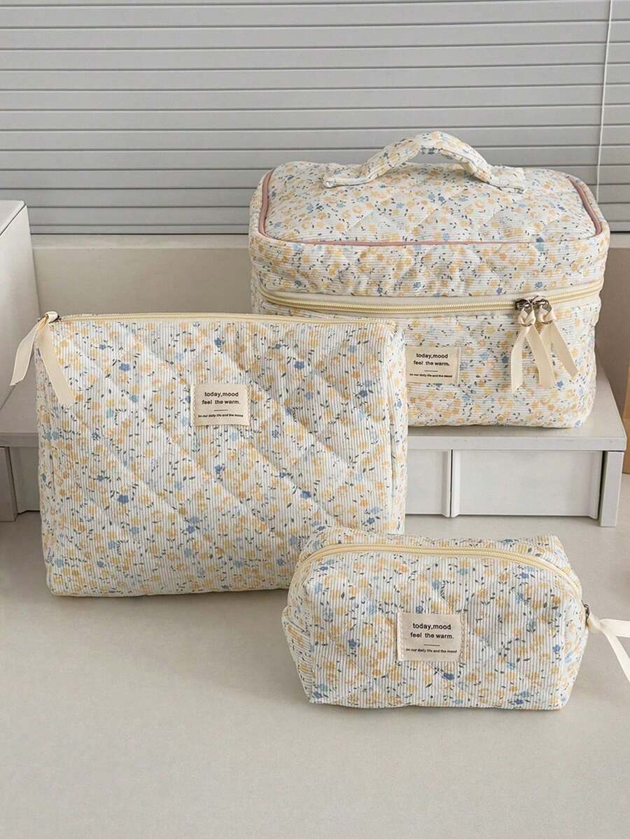 Found Favorite 1Pc/Set Floral Makeup Bags Corduroy Multifunctional Cosmetic Organizer Portable Cosmetics Storage Clutch With Zipper Closure For Cosmetics,Skin Care - Multicolor - View 1