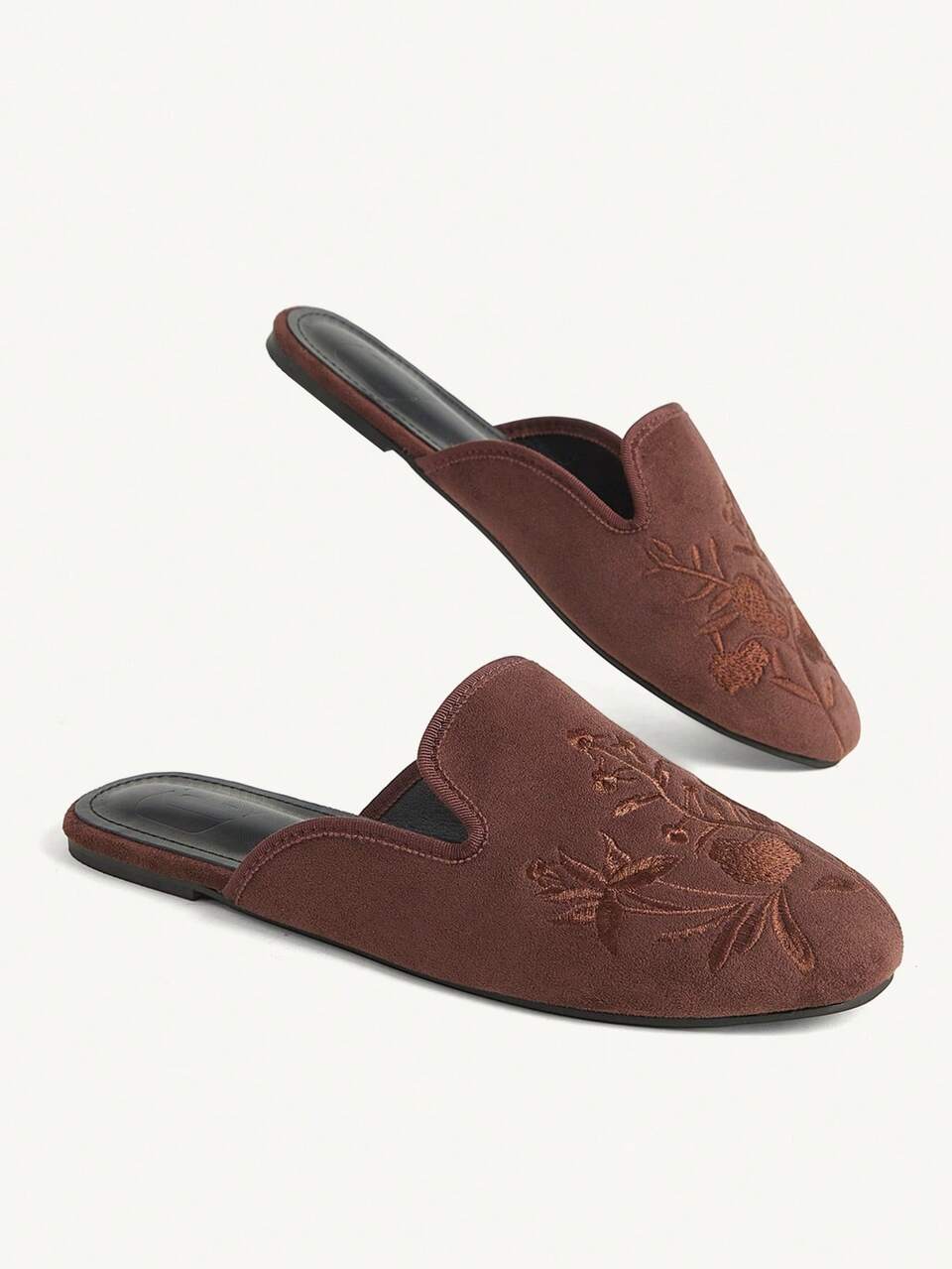 CUCCOO CHICEST Retro Embroidered Mules Shoes, Suede Commuting Daily Simple And Versatile Flat-Soled Shoes Fashion