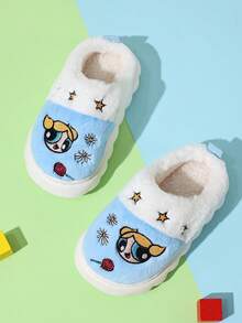 THE POWERPUFF GIRLS X SHEIN Fun And Cute Cartoon Girl Light Blue Fashion Versatile Princess Wind Soft And Warm Winter Indoor Light And Durable Children's Home Slippers - Blue - View 1