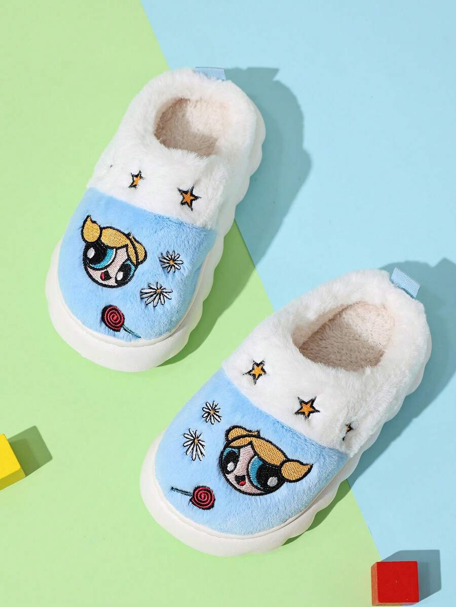 THE POWERPUFF GIRLS X SHEIN Fun And Cute Cartoon Girl Light Blue Fashion Versatile Princess Wind Soft And Warm Winter Indoor Light And Durable Children's Home Slippers - Blue - View 1