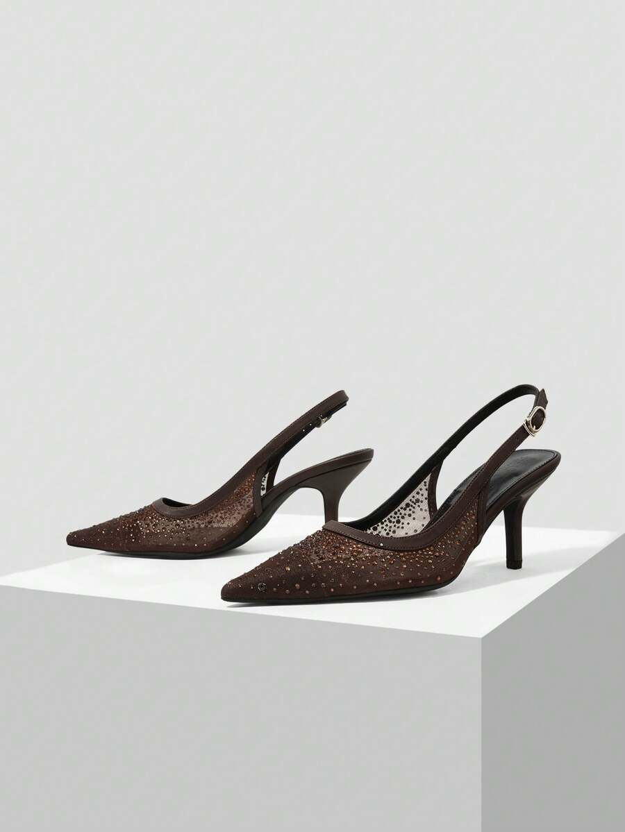 MOTF PREMIUM WOMEN'S FASHION RHINESTONE DECOR SHEER POINTED TOE HIGH HEELS, SPRING SHOES FALL SHOES - Mocha Brown - View 2