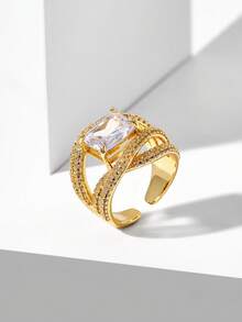 MOTF PREMIUM Multi-Layer Full Set Diamond Square Main Stone Ring, Heavy Industry Wide Version Gold-Plated Banquet Dress Open Ring - Gold - View 6