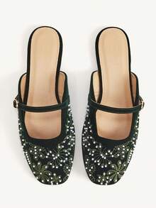 CUCCOO CHICEST New Square Toe Flat Bottom Army Green Embroidery Seam Pearl Women's Flat Bottom Shoes Fashionable, Elegant And Comfortable Breathable Mules Fall Shoes - Army Green - View 1