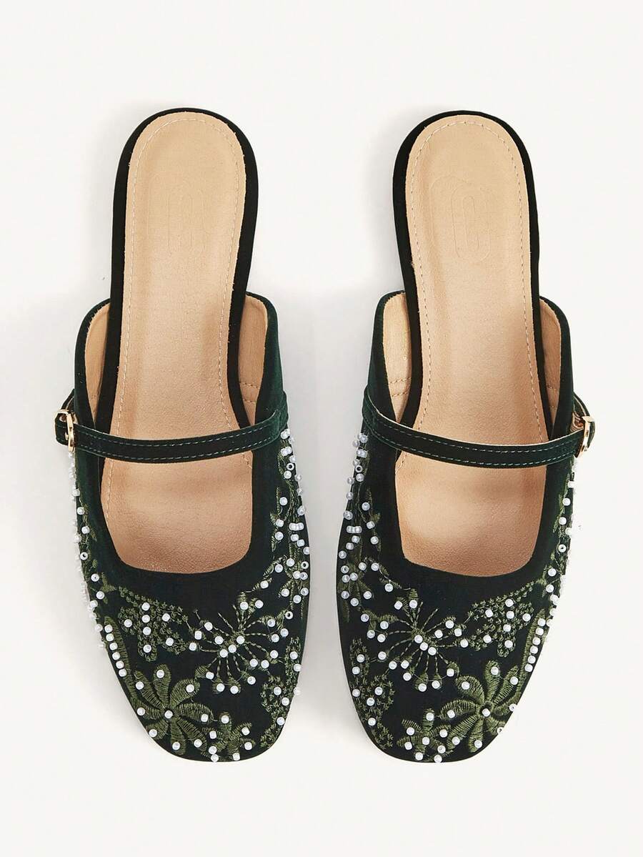 CUCCOO CHICEST New Square Toe Flat Bottom Army Green Embroidery Seam Pearl Women's Flat Bottom Shoes Fashionable, Elegant And Comfortable Breathable Mules Fall Shoes - Army Green - View 1