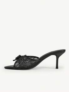 CUCCOO CHICEST 女款時尚性感方頭刺繡線條蕾絲網布蝴蝶結拖鞋，中高跟細直跟，淺A色 - 黑1金屬線網 - 查看 13