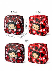Betty Boop x SHEIN Vintage Heart Print All-Purpose Zipper Pouch, Multi-Use For Personal Care, Cosmetics, Tech Accessories, Portable Design - Black red - View 8