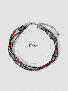 MortiRose Silver Stainless Steel Crystal Bead String Splicing Ruby Embellished Gothic Necklace - Dull Silver - View 8