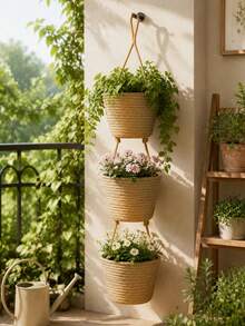 1 Three-Layer Rope Woven Hanging Storage Basket - Detachable Decorative Organizer, Suitable For Living Room, Bathroom, And Bedroom, Backdoor Hanging Storage Basket With Multiple Storage Compartments - multicolor - View 7