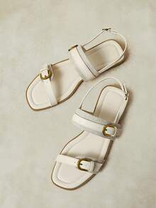Styleloop Sandal Gaya Maillard Prancis dengan Gesper Emas Ganda, Sol Lembut, Anti Selip, Sepatu Romawi Datar, Cocok untuk Pakaian Musim Panas, Sepatu Serbaguna dengan Tali Pengikat - Aprikot - View 5