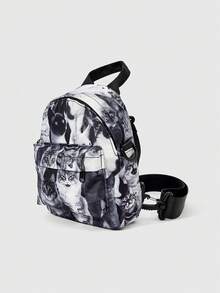 ROMWE Grunge Punk 蝴蝶蛾魔法陣植物圖案精靈風迷你後背包，輕便適合旅行與度假 - 黑與白 - 查看 2