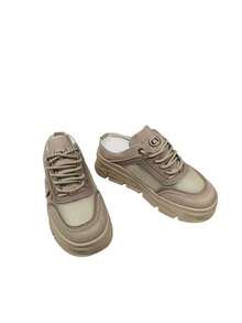 Sepasang Kaos Kaki Wanita Desain Jala, Sol Tebal, Model Platform, Sepatu Kasual Modern Multifungsi - Khaki - View 5