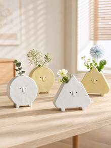 Haus Hana 1PC Small Opening Ceramic Flower Arrangement Vase With Cute Expression, Creative Geometric Shaped Dried Flower Holder, DIY Floral Display Vessel For Living Room Entryway Office Home Daily Use - multicolor - View 3