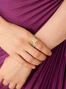 MOTF PREMIUM Multi-Layer Full Set Diamond Square Main Stone Ring, Heavy Industry Wide Version Gold-Plated Banquet Dress Open Ring - Gold - View 5