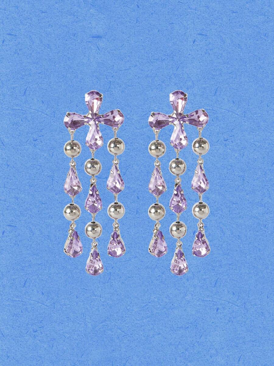 Popjeli A Light Luxury Creative Exquisite Geometric Clear Fringed Earrings - Purple - View 1