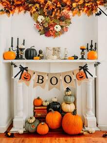 1 set Halloween-banderoll i säckväv med Boo-pumpadesign, rustik farmhouse-stil, hängande skylt för fest, heminredning, höstfestival och kusligt tema, för utomhus- och inomhusbruk - flerfärgad - Visa 2