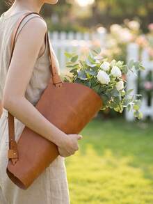 Cirelle 1Pc Adjustable Strap Leather Flower Storage Bag, Artificial Leather, Solid Tone Appearance, Bouquet Fixing And Handheld Carry Feature, Apply To Floral Shop Packing, Party Gift Sending And Travel Carrying, Gift Senders For Memorial Festival Usage - Multicolor - View 3