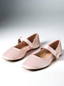 SHEIN Solezae 女款緞面方頭金屬扣帶瑪麗珍平底鞋 休閒日常芭蕾平底鞋 - 淺粉色 - 查看 10