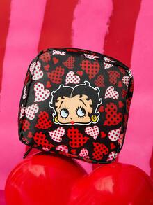 Betty Boop x SHEIN Vintage Heart Print All-Purpose Zipper Pouch, Multi-Use For Personal Care, Cosmetics, Tech Accessories, Portable Design - Black red - View 5