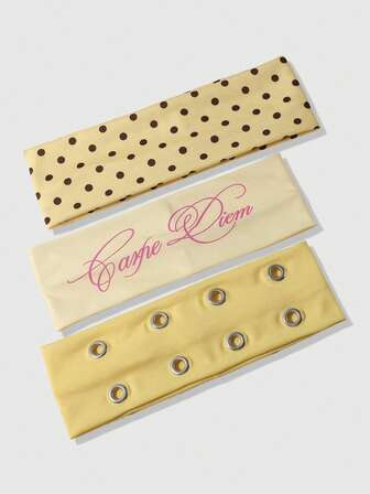 Anime 3 pezzi Fascia per capelli da ragazza con pois gialli, lettere, occhiellino in metallo e elastico, stile street dolce e cool, accessorio versatile e carino per yoga, pendolarismo e uscite