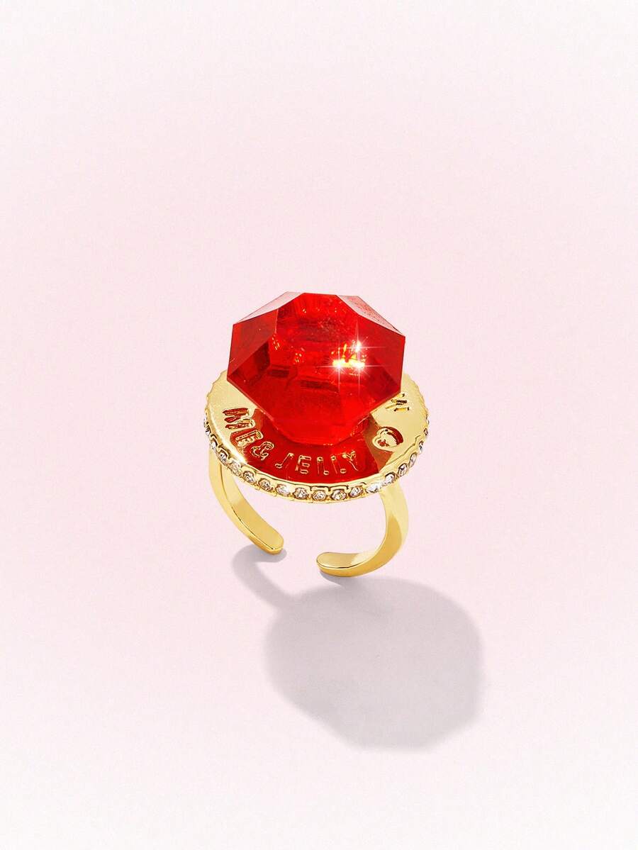 Popjeli Large Octagonal Cut Open Ring, Gilt Lettering Heavy Industry Wide Face Y2K Spice Girl Ring - Gold - Red - View 1