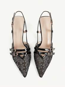 CUCCOO CHICEST Women's Floral Lace Slingback Heels, Pointed Toe Double Buckle Strap Stiletto Sandals, Elegant Mesh Backless High Heels For Wedding Date Party - Black - View 9