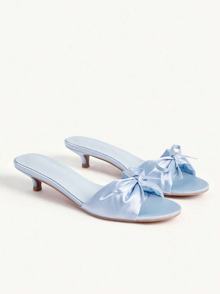 CUCCOO CHICEST Women Shoes Blue Satin Satin Bow Round Toe Bow Mules Kitten Heel Sandals - Blue - View 1